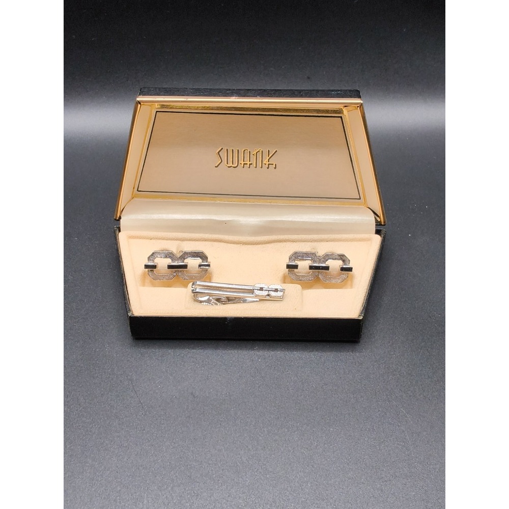 Vintage Swank Cufflinks Tie Clip Set Mid Century Geometric Silver Tone Boxed